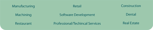 Manufacturing, machining, restaurant, retail, software development, professional/technical services, construction, dental, real estate